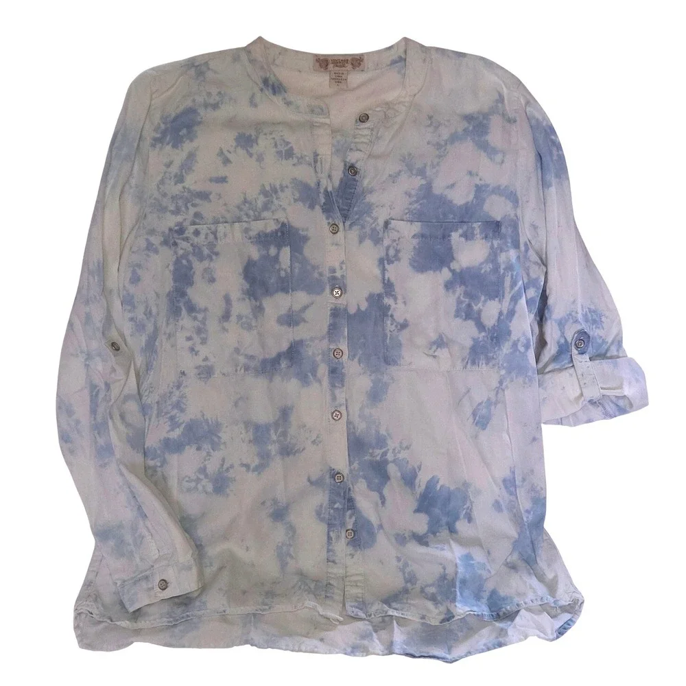 Vintage America Blues Button Down Women L Blue Excellent Tie Dye Roll Tab Boho